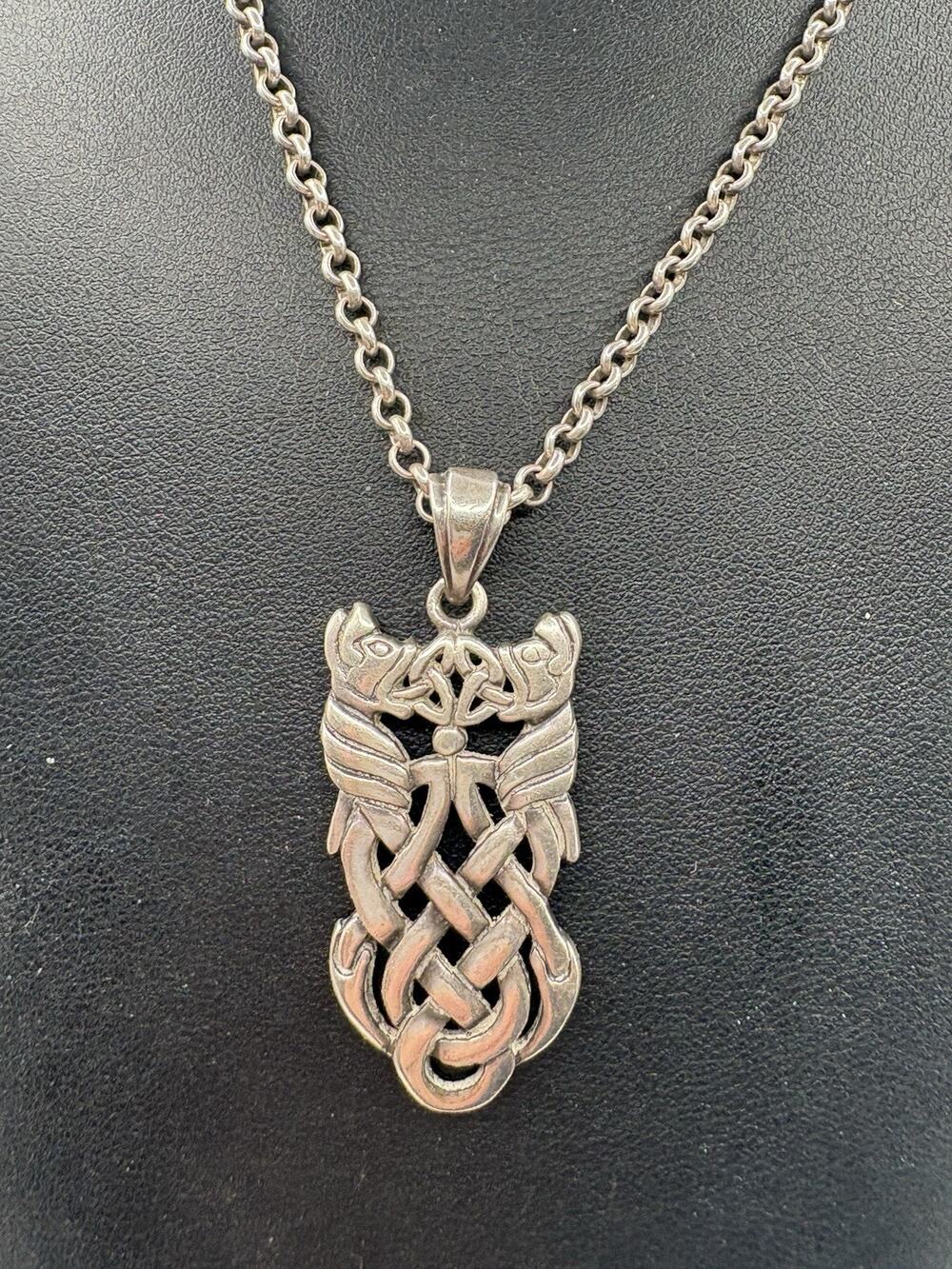 Irish Celtic Knots Hounds Dogs Pendant 18" Necklace Viking 925 Silver 12.77g